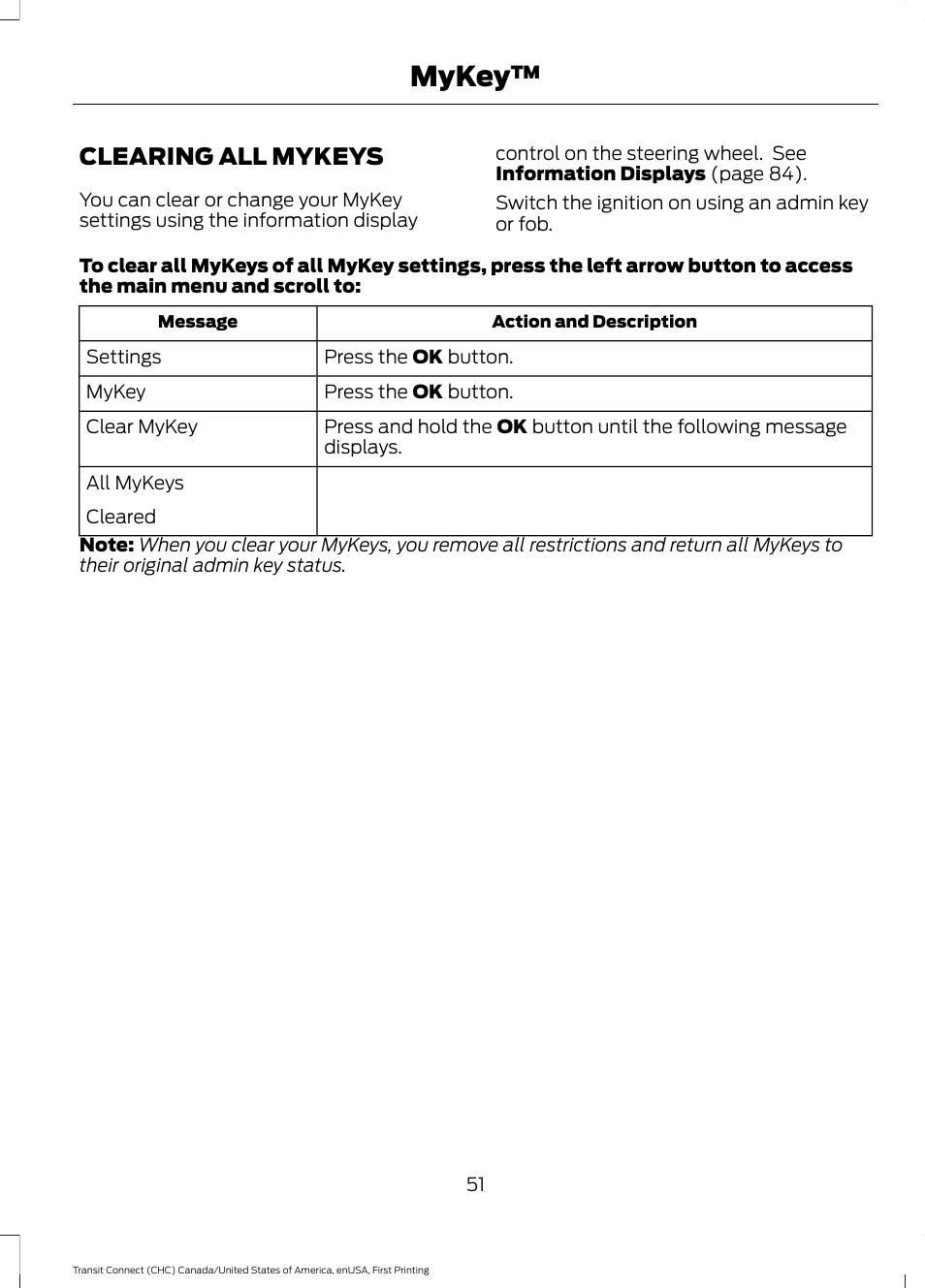 Clearing all mykeys, Mykey | FORD 2015 Transit Connect User Manual | Page 54 / 428