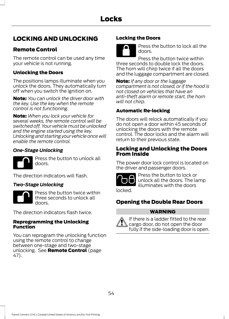 Locks, Locking and unlocking | FORD 2015 Transit Connect User Manual | Page 57 / 428