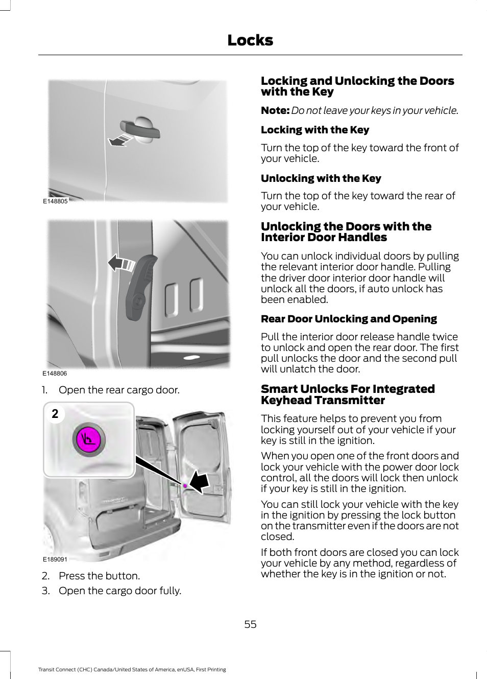 Locks | FORD 2015 Transit Connect User Manual | Page 58 / 428