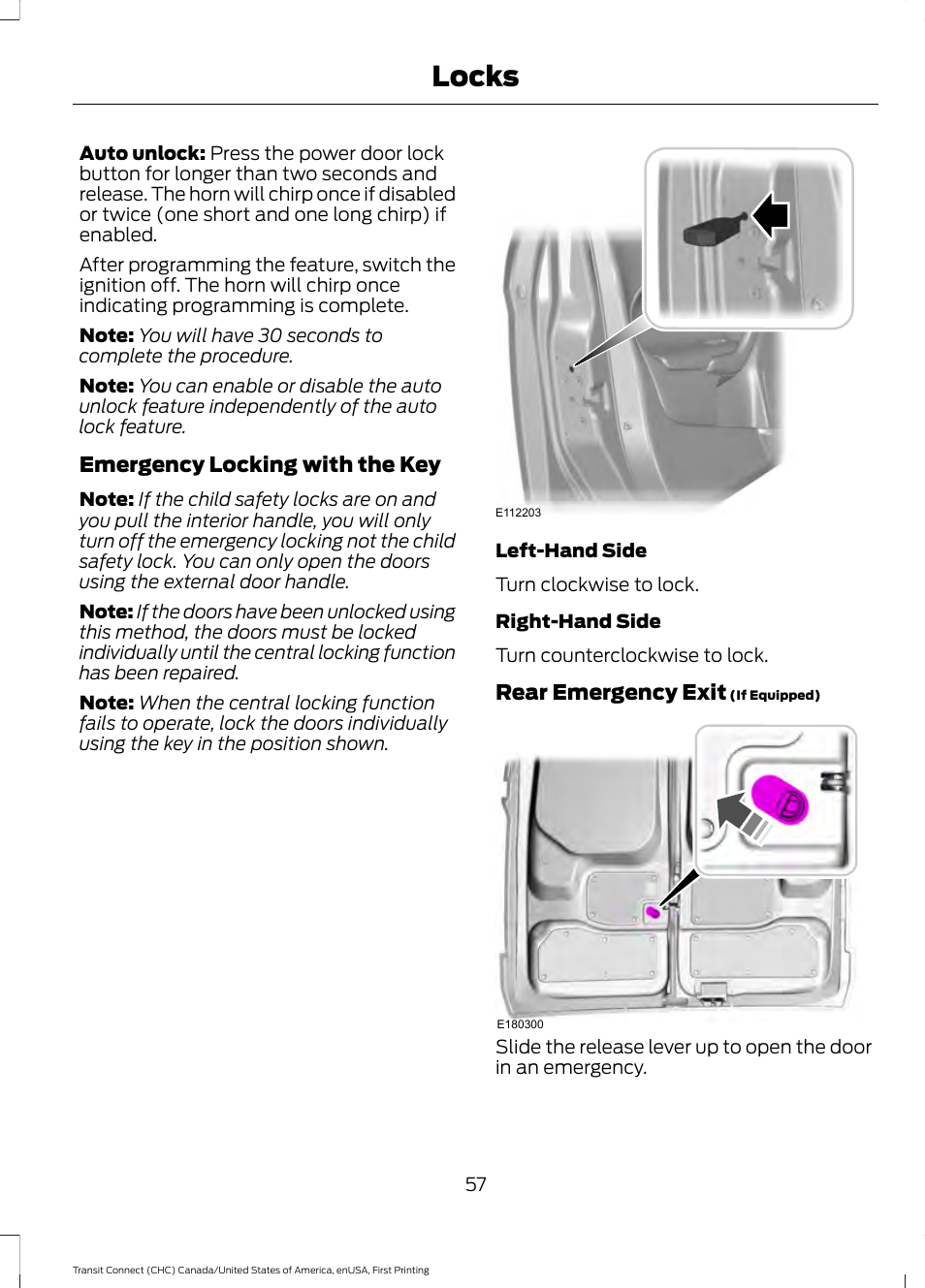 Locks | FORD 2015 Transit Connect User Manual | Page 60 / 428