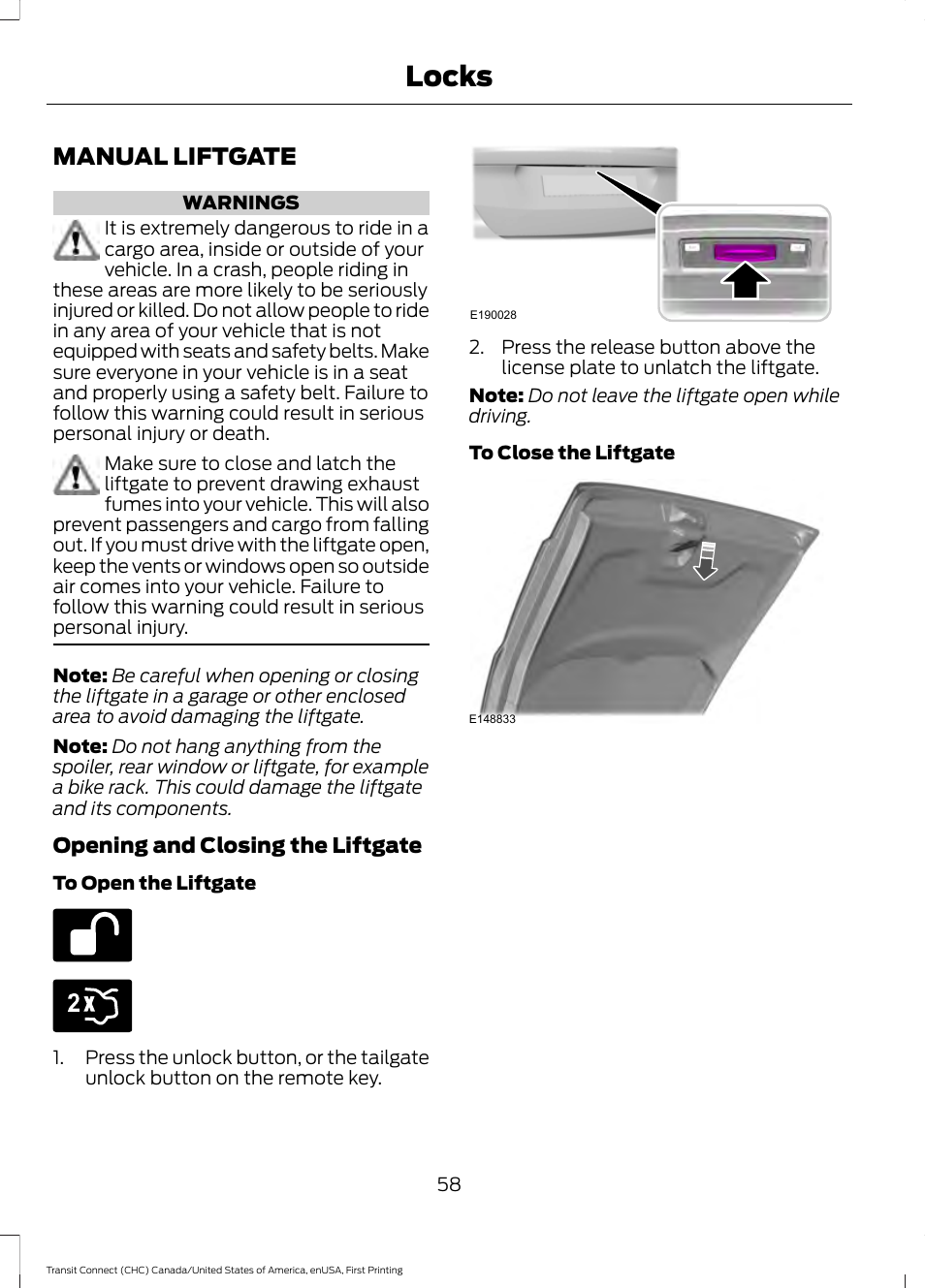 Manual liftgate, Locks | FORD 2015 Transit Connect User Manual | Page 61 / 428