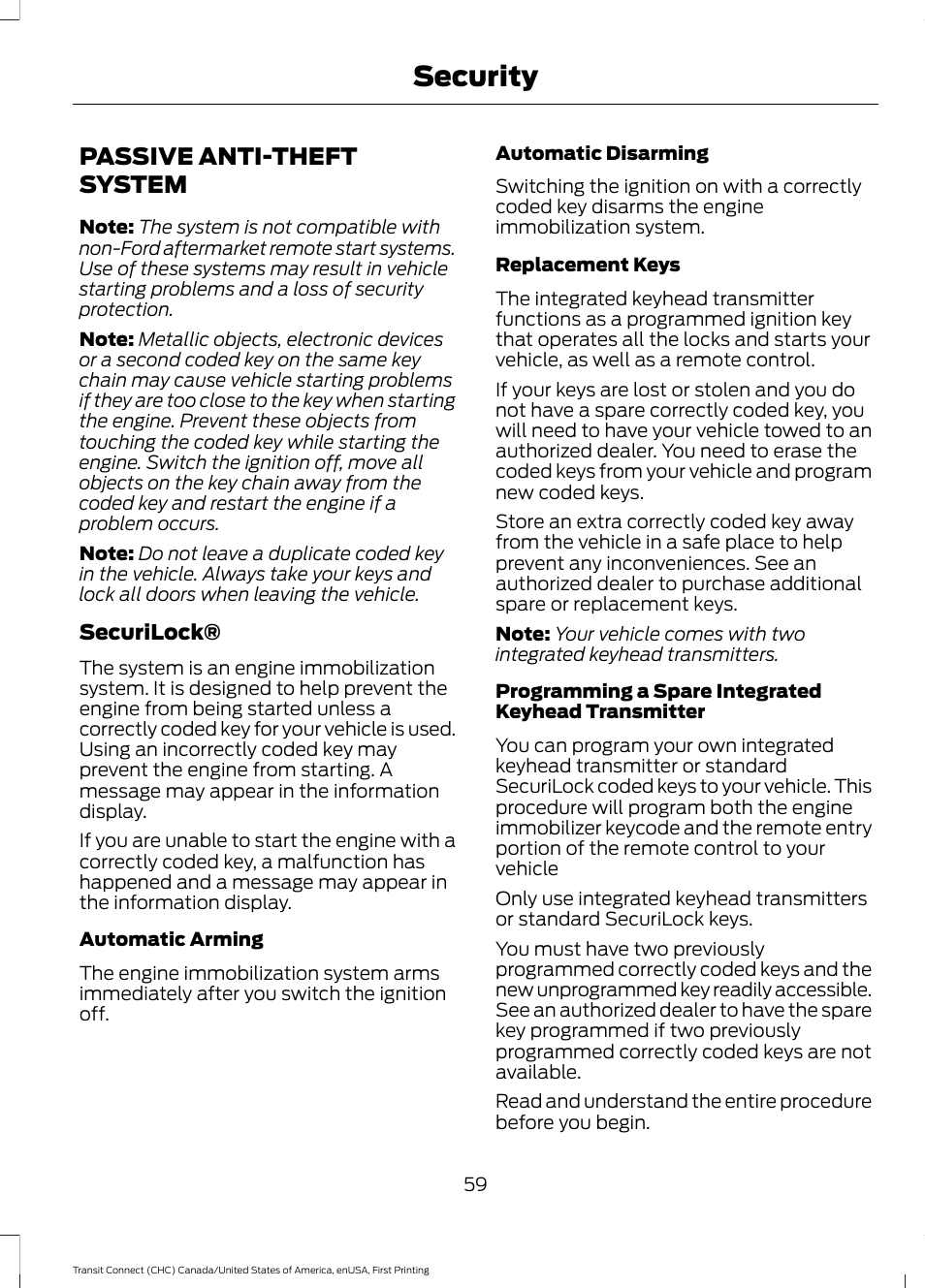 Security, Passive anti-theft system | FORD 2015 Transit Connect User Manual | Page 62 / 428