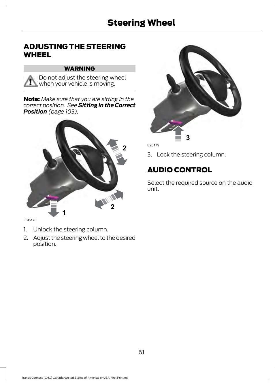 Steering wheel, Adjusting the steering wheel, Audio control | Adjusting the steering wheel audio control | FORD 2015 Transit Connect User Manual | Page 64 / 428