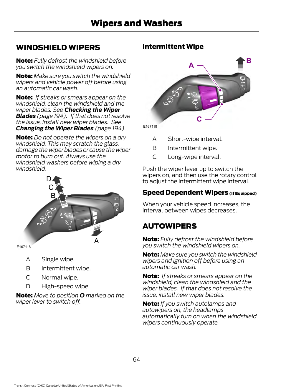 Wipers and washers, Windshield wipers, Autowipers | Windshield wipers autowipers, Dc a b, Ca b | FORD 2015 Transit Connect User Manual | Page 67 / 428