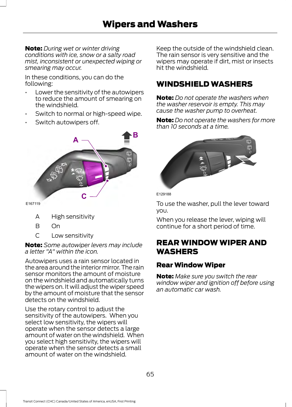 Windshield washers, Rear window wiper and washers, Windshield washers rear window wiper and washers | Wipers and washers, Ca b | FORD 2015 Transit Connect User Manual | Page 68 / 428