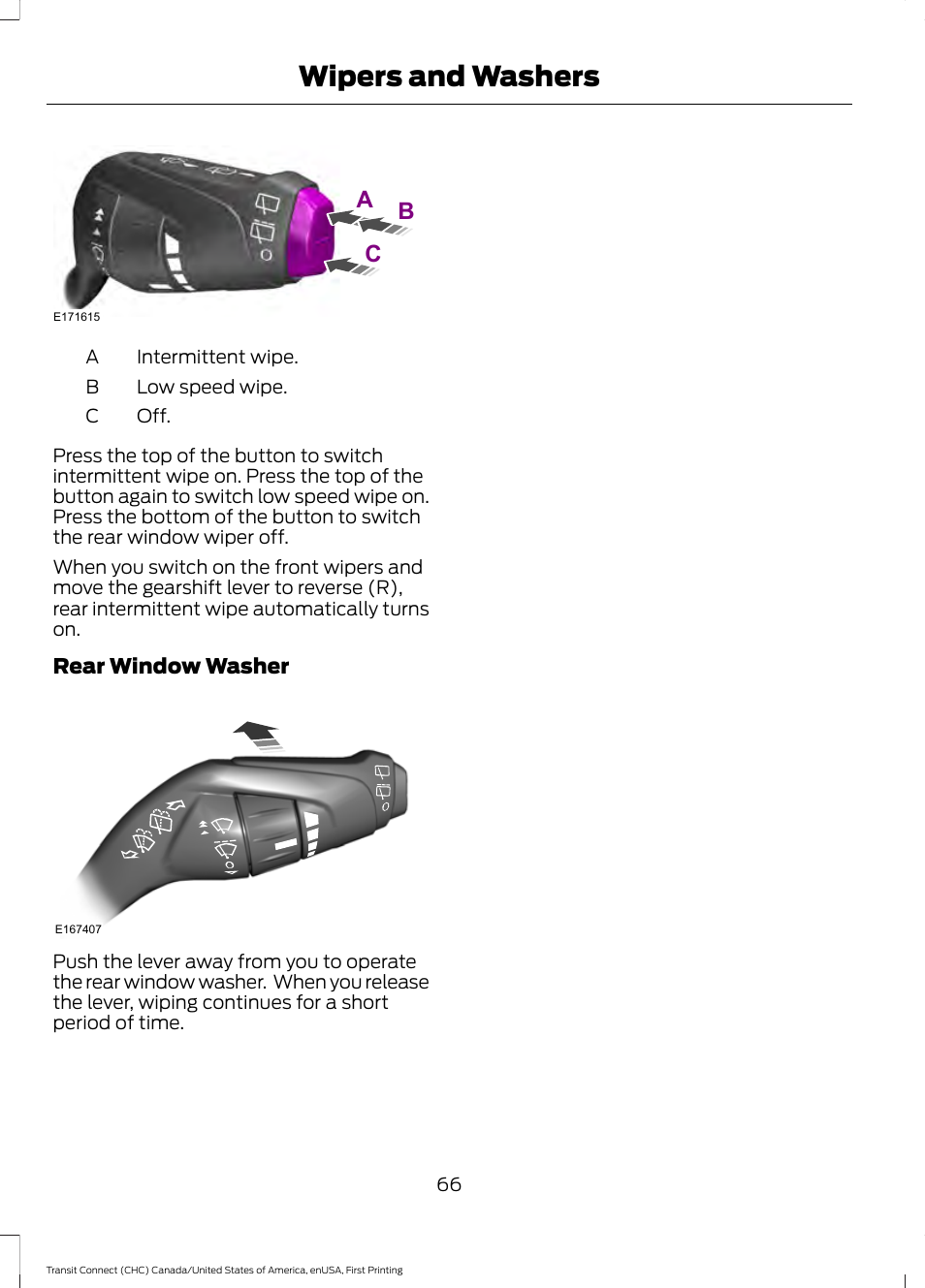 Wipers and washers, Ab c | FORD 2015 Transit Connect User Manual | Page 69 / 428