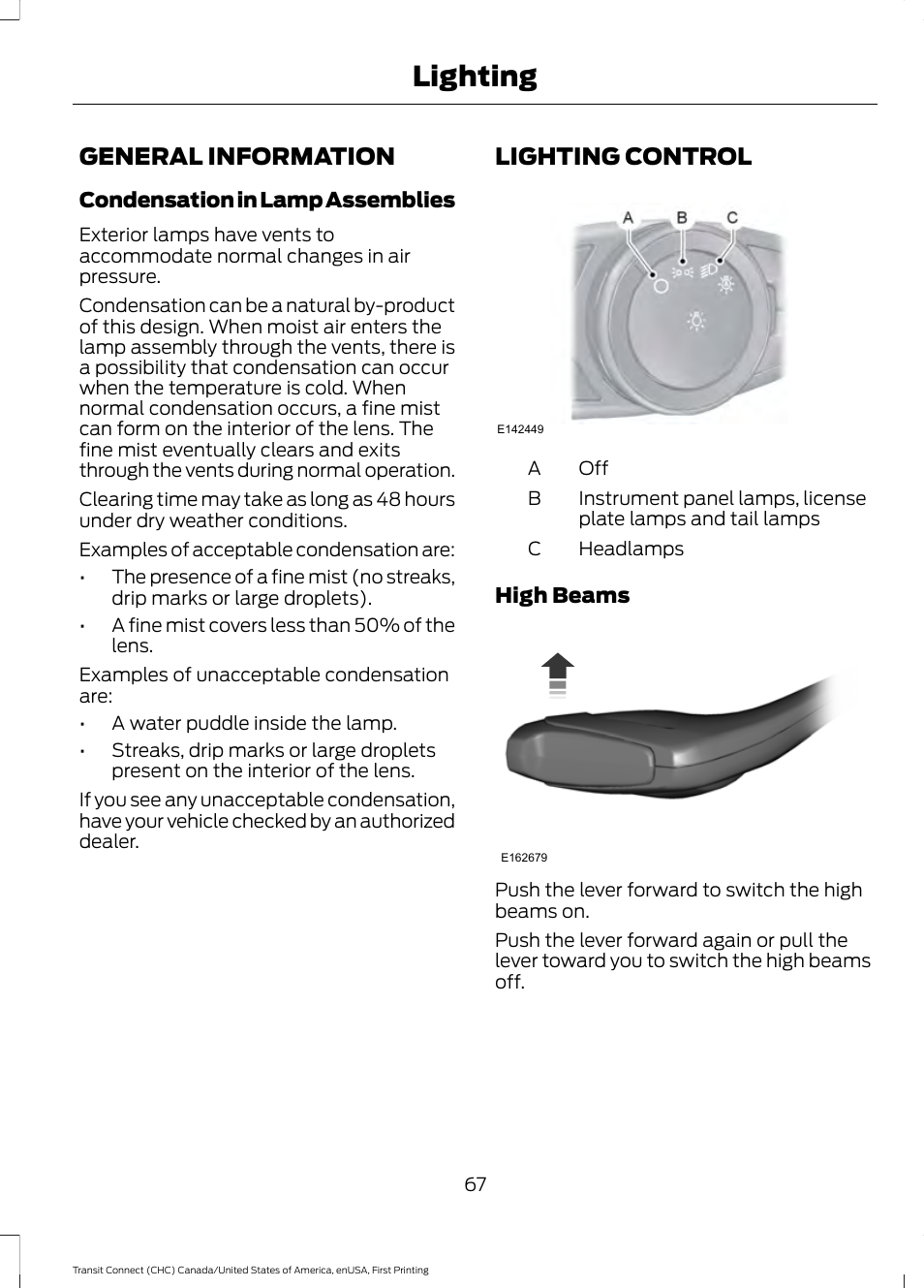 Lighting, General information, Lighting control | General information lighting control | FORD 2015 Transit Connect User Manual | Page 70 / 428