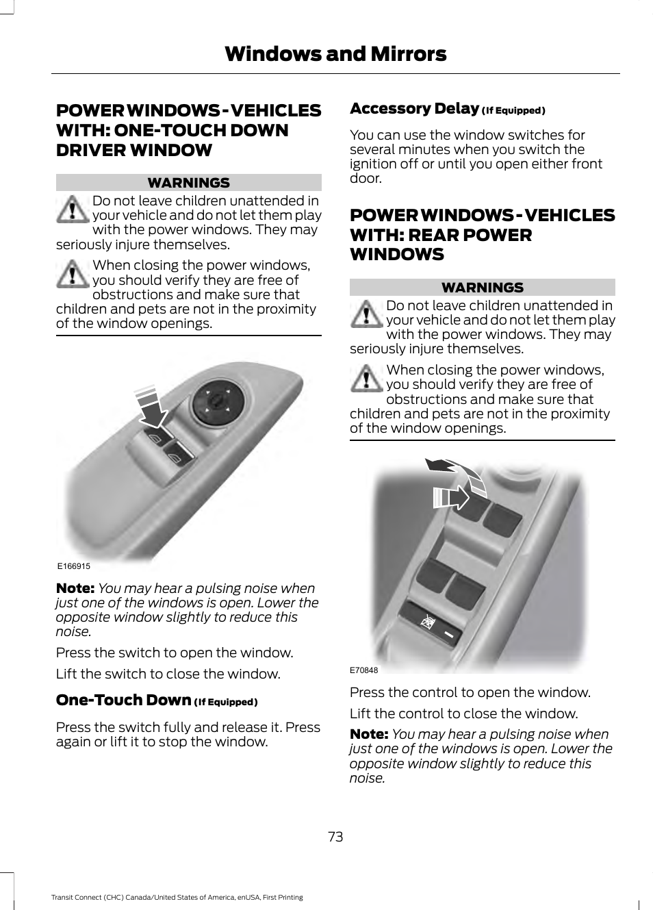Windows and mirrors, Power windows, Power windows - vehicles with | One-touch down driver window, Power windows - vehicles with: rear, Power windows - vehicles with: rear power windows | FORD 2015 Transit Connect User Manual | Page 76 / 428