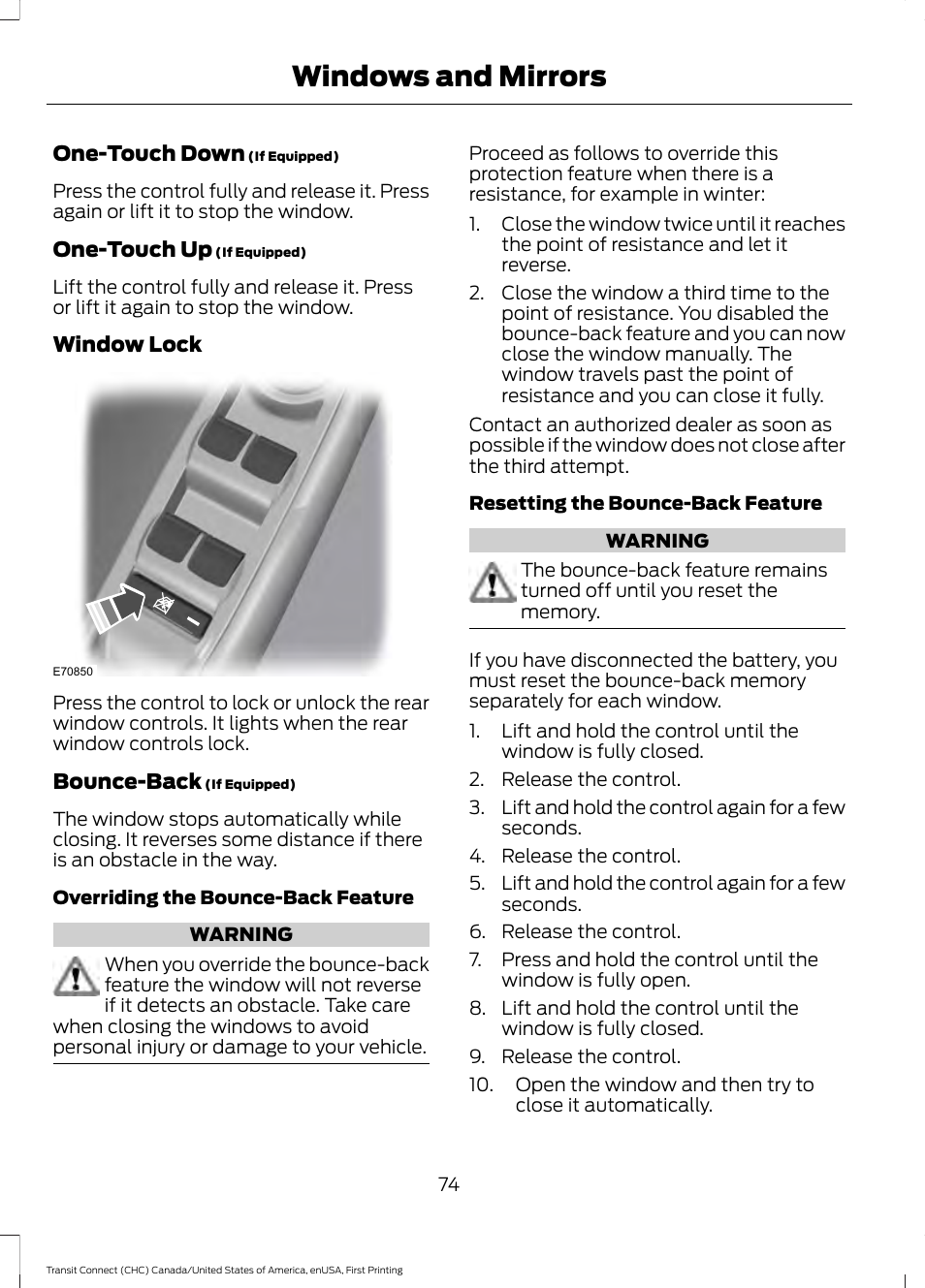 Windows and mirrors | FORD 2015 Transit Connect User Manual | Page 77 / 428