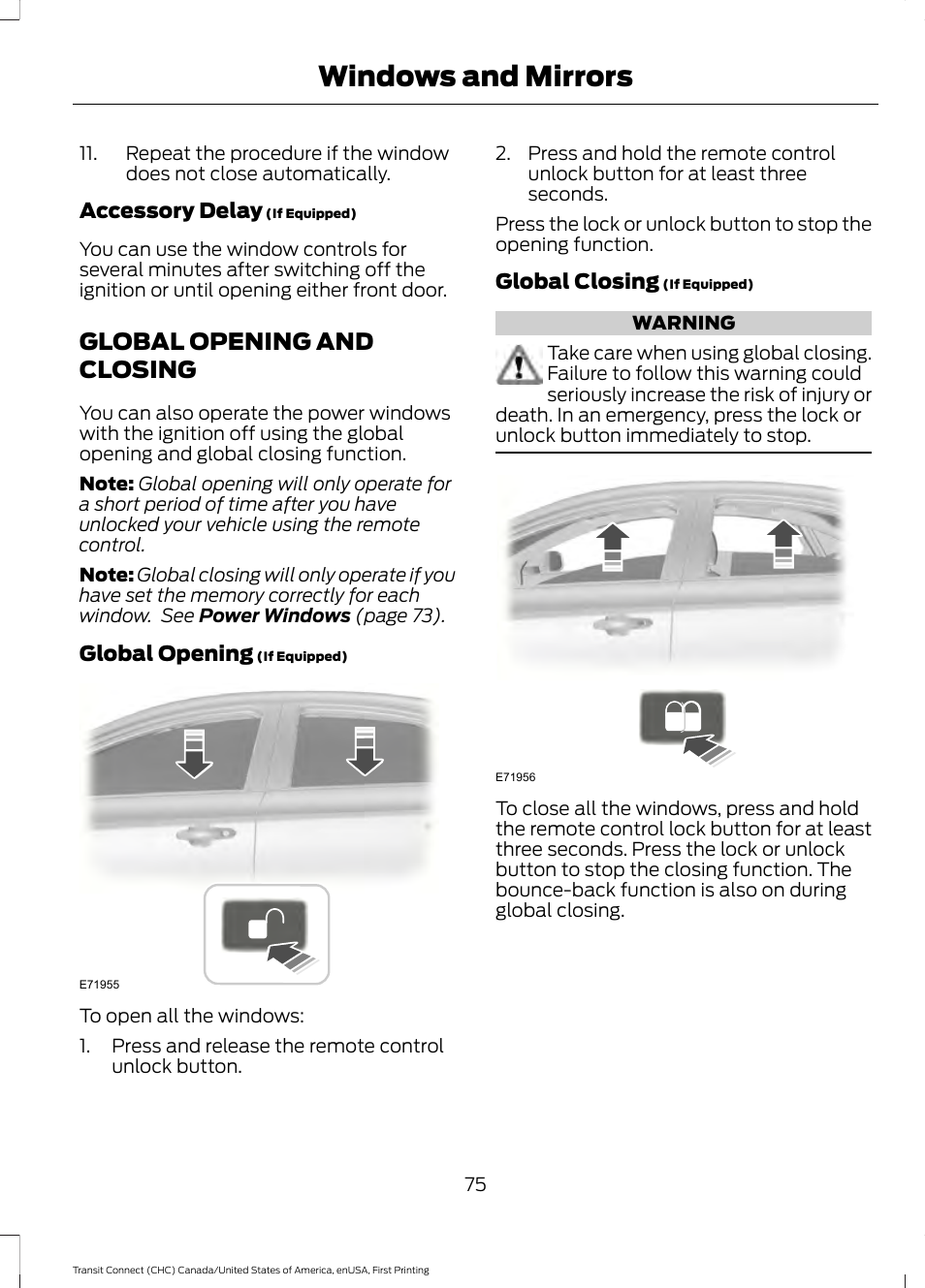 Global opening and closing, Windows and mirrors | FORD 2015 Transit Connect User Manual | Page 78 / 428