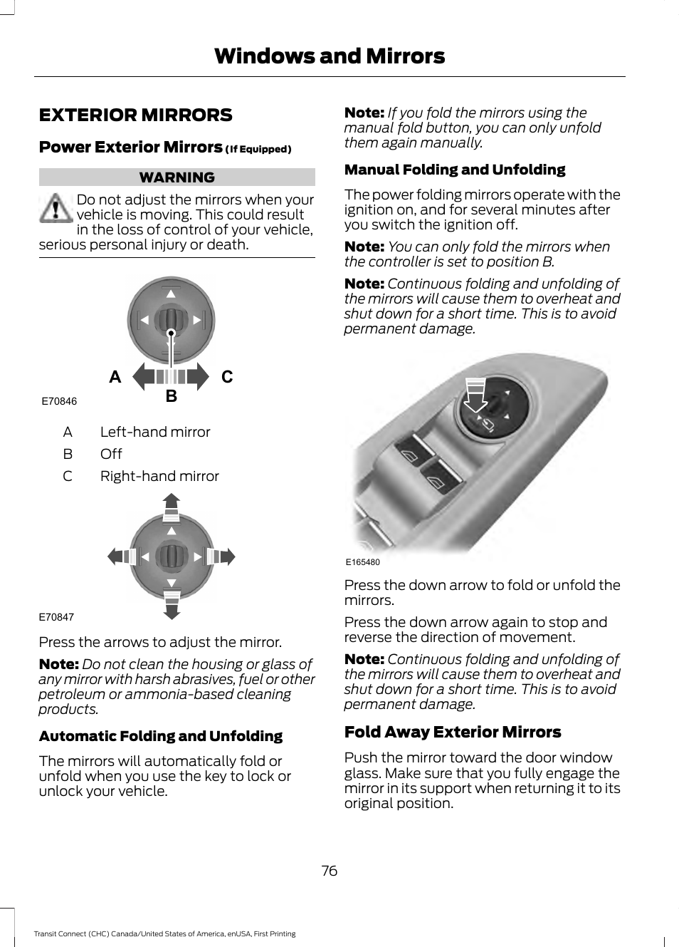 Exterior mirrors, Windows and mirrors, Ac b | FORD 2015 Transit Connect User Manual | Page 79 / 428