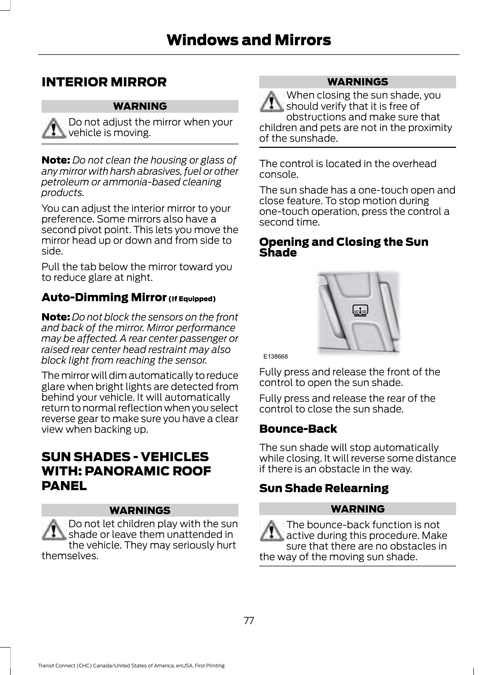 Interior mirror, Sun shades, Roof panel | Windows and mirrors, Sun shades - vehicles with: panoramic roof panel | FORD 2015 Transit Connect User Manual | Page 80 / 428