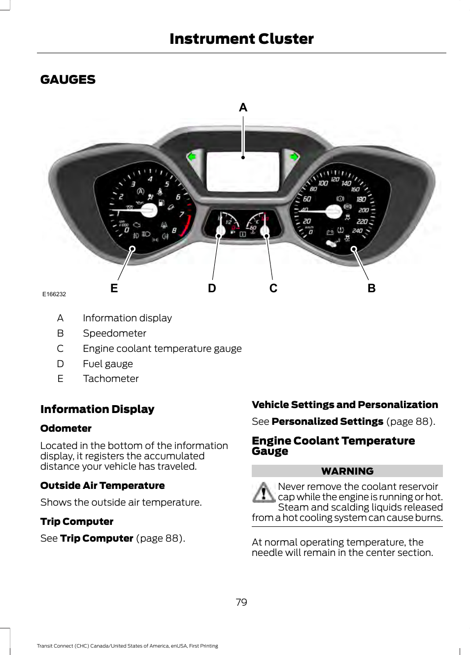 Instrument cluster, Gauges, Cd a b e | FORD 2015 Transit Connect User Manual | Page 82 / 428