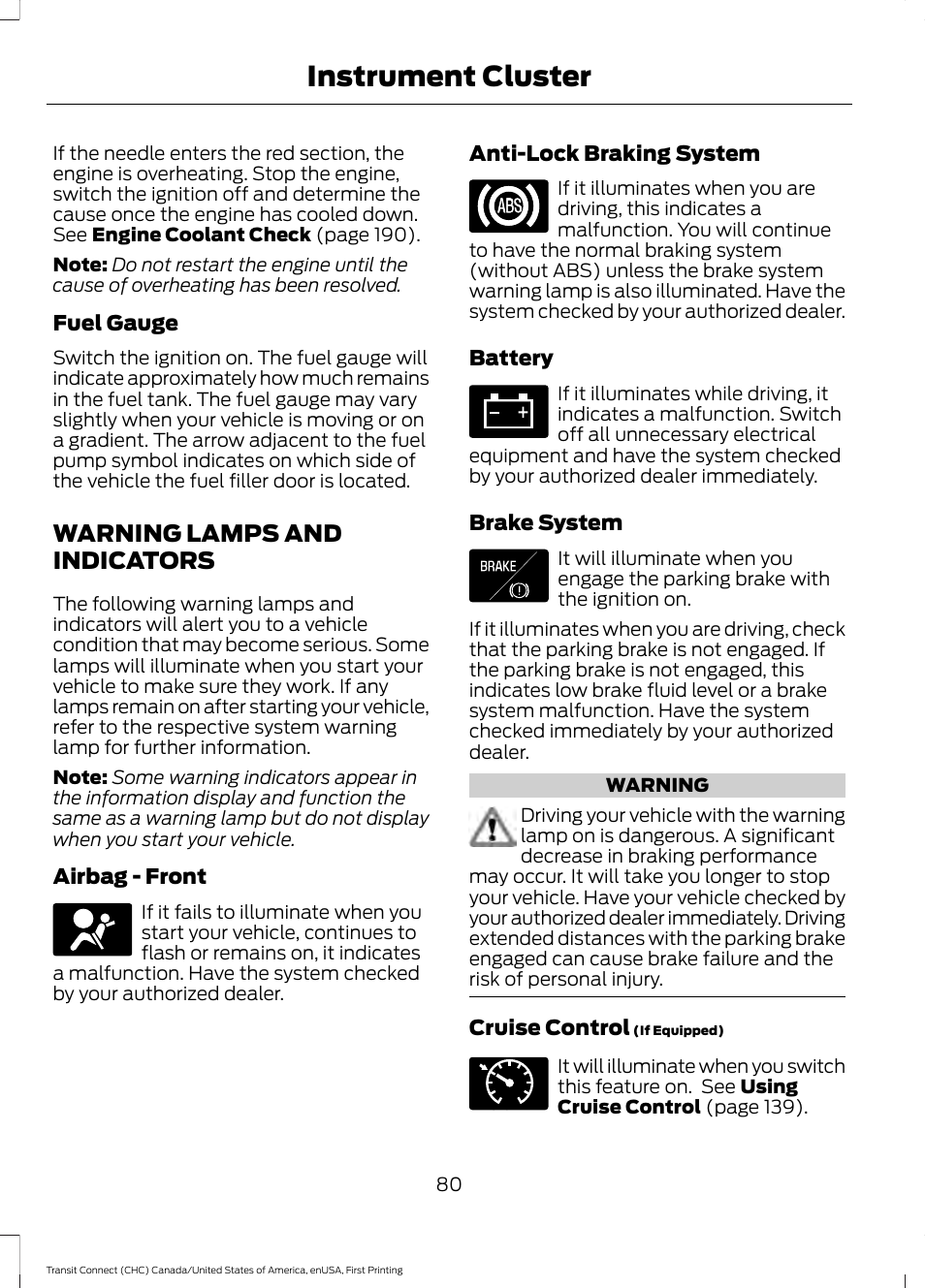 Warning lamps and indicators, Instrument cluster | FORD 2015 Transit Connect User Manual | Page 83 / 428