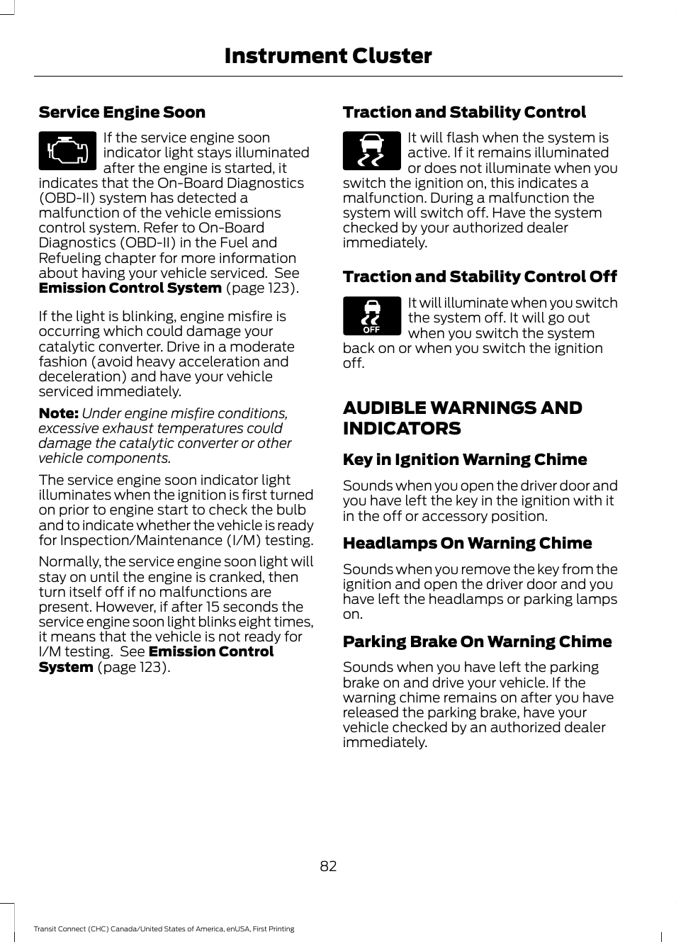 Audible warnings and indicators, Instrument cluster | FORD 2015 Transit Connect User Manual | Page 85 / 428