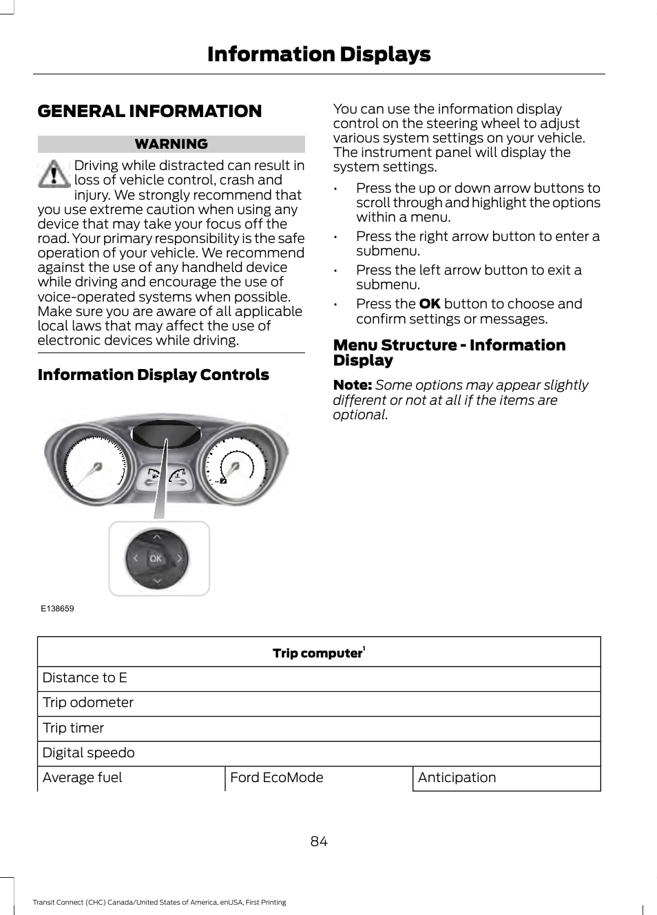 Information displays, General information | FORD 2015 Transit Connect User Manual | Page 87 / 428