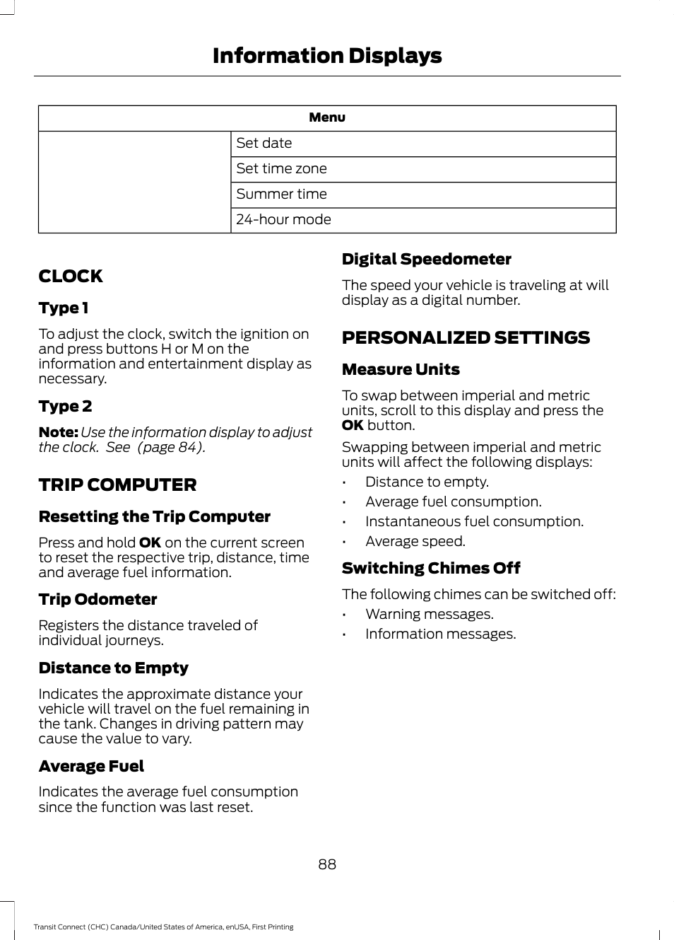 Clock, Trip computer, Personalized settings | Trip computer personalized settings, Information displays | FORD 2015 Transit Connect User Manual | Page 91 / 428