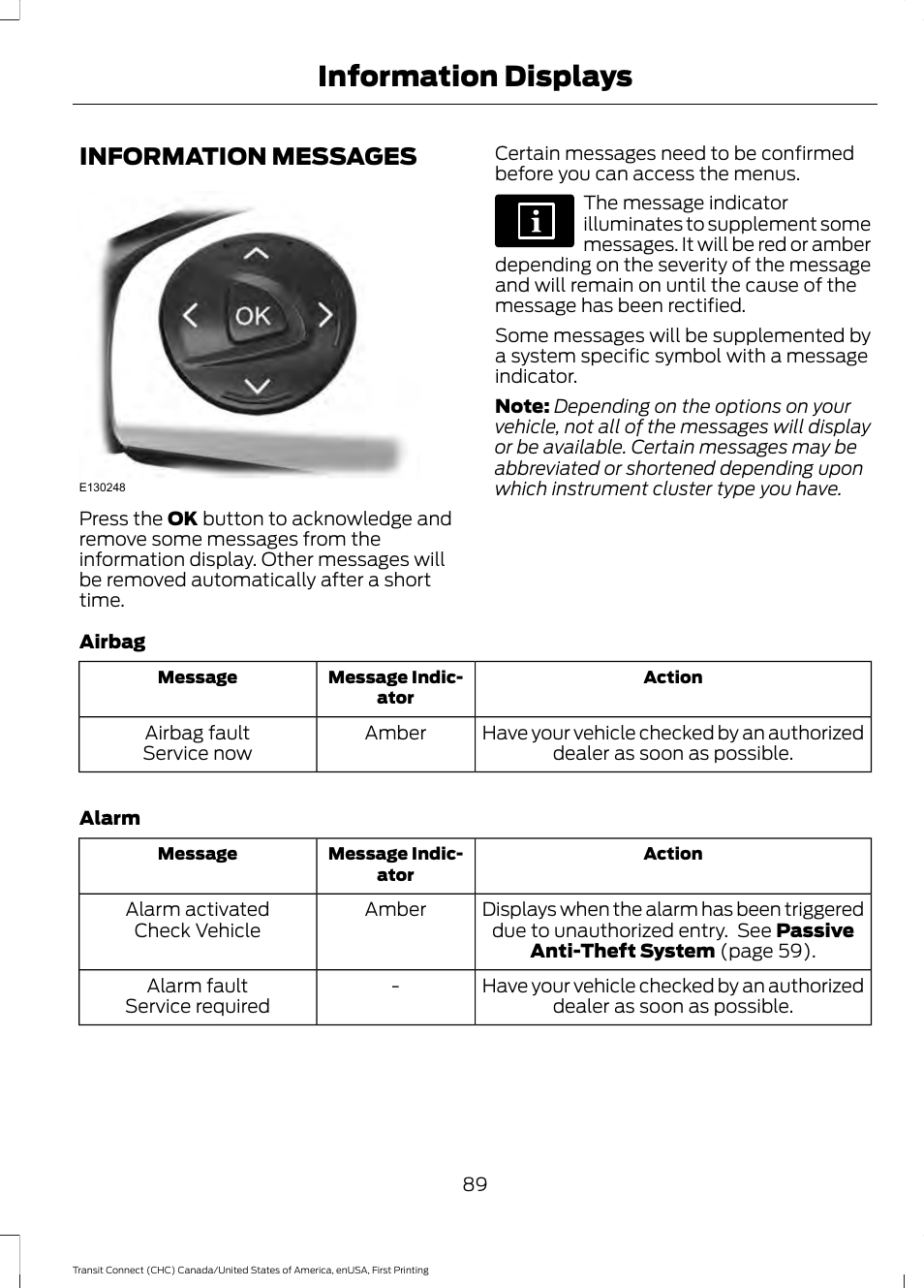 Information messages, Information displays | FORD 2015 Transit Connect User Manual | Page 92 / 428