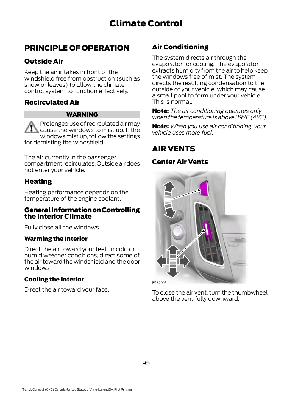 Climate control, Principle of operation, Air vents | Principle of operation air vents | FORD 2015 Transit Connect User Manual | Page 98 / 428