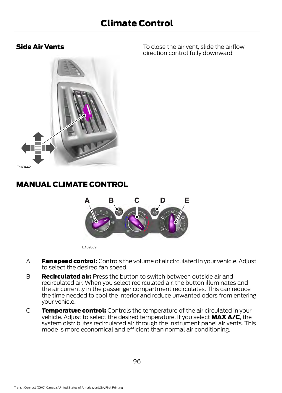 Manual climate control, Climate control | FORD 2015 Transit Connect User Manual | Page 99 / 428