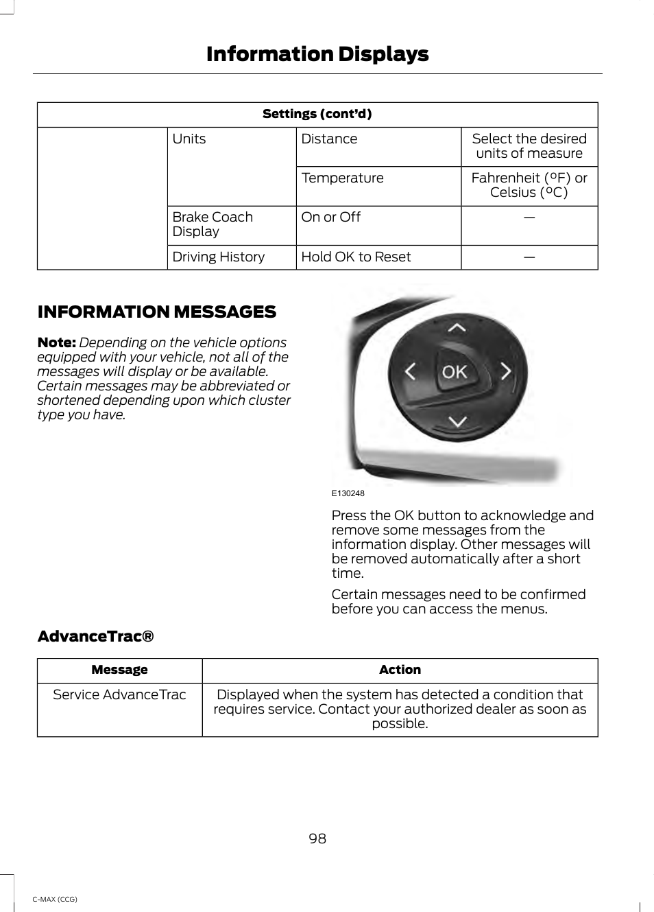Information messages, Information displays | FORD 2014 C-MAX Hybrid User Manual | Page 100 / 447