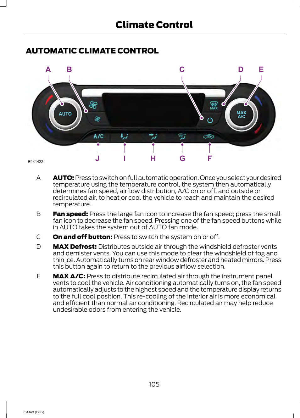 Climate control, Automatic climate control | FORD 2014 C-MAX Hybrid User Manual | Page 107 / 447