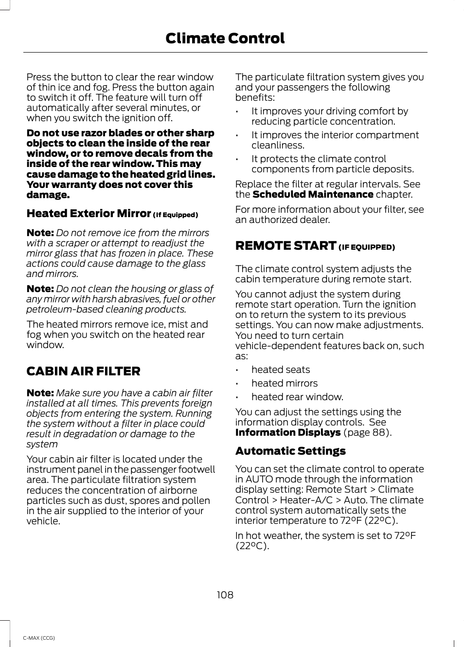 Cabin air filter, Remote start, Cabin air filter remote start | Climate control | FORD 2014 C-MAX Hybrid User Manual | Page 110 / 447