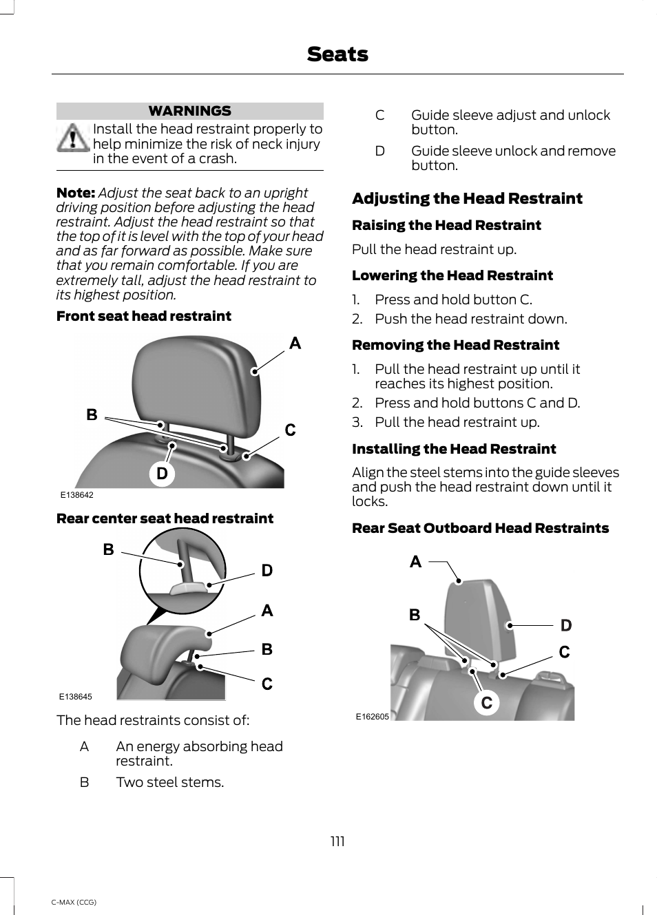 Seats | FORD 2014 C-MAX Hybrid User Manual | Page 113 / 447