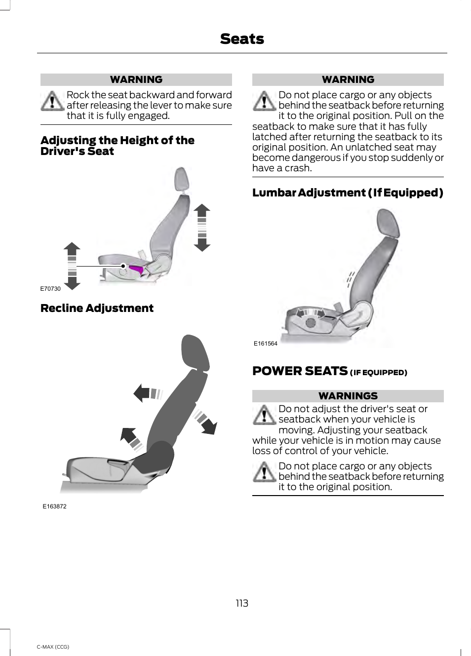 Power seats, Seats | FORD 2014 C-MAX Hybrid User Manual | Page 115 / 447