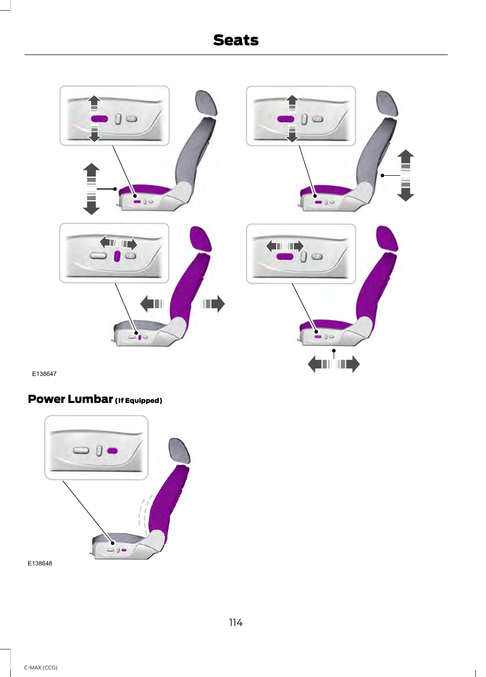 Seats, Power lumbar | FORD 2014 C-MAX Hybrid User Manual | Page 116 / 447