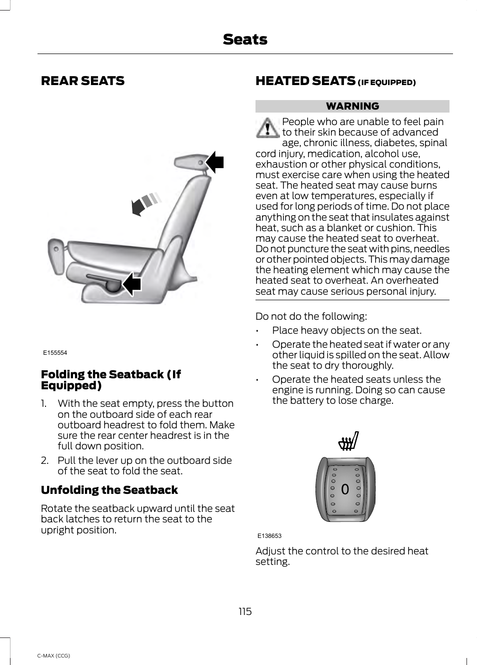 Rear seats, Heated seats, Rear seats heated seats | Seats | FORD 2014 C-MAX Hybrid User Manual | Page 117 / 447