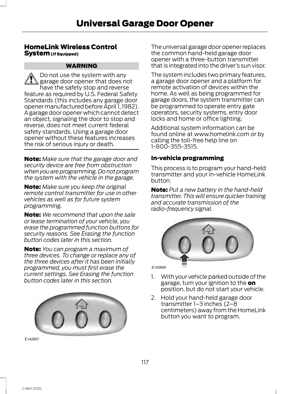 Universal garage door opener, Universal garage door, Opener | FORD 2014 C-MAX Hybrid User Manual | Page 119 / 447