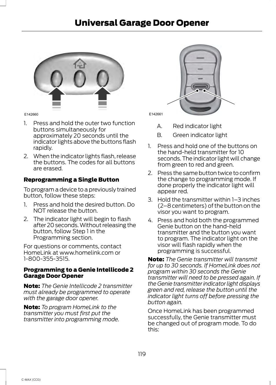 Universal garage door opener | FORD 2014 C-MAX Hybrid User Manual | Page 121 / 447