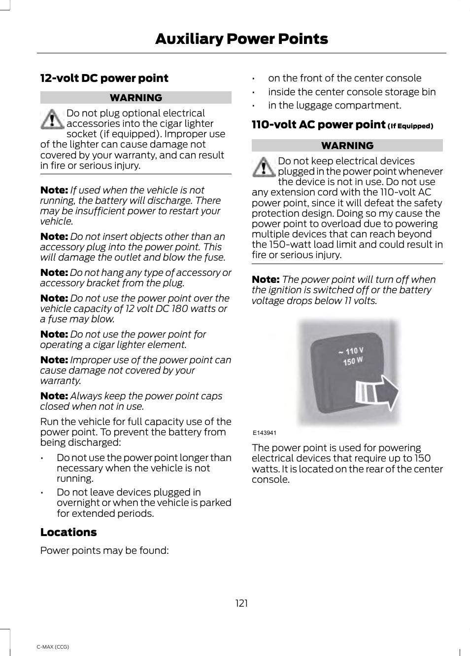 Auxiliary power points | FORD 2014 C-MAX Hybrid User Manual | Page 123 / 447