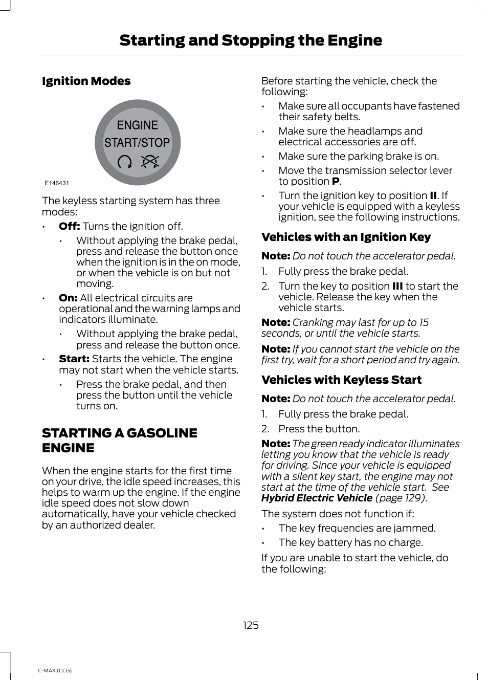 Starting a gasoline engine, Starting and stopping the engine | FORD 2014 C-MAX Hybrid User Manual | Page 127 / 447