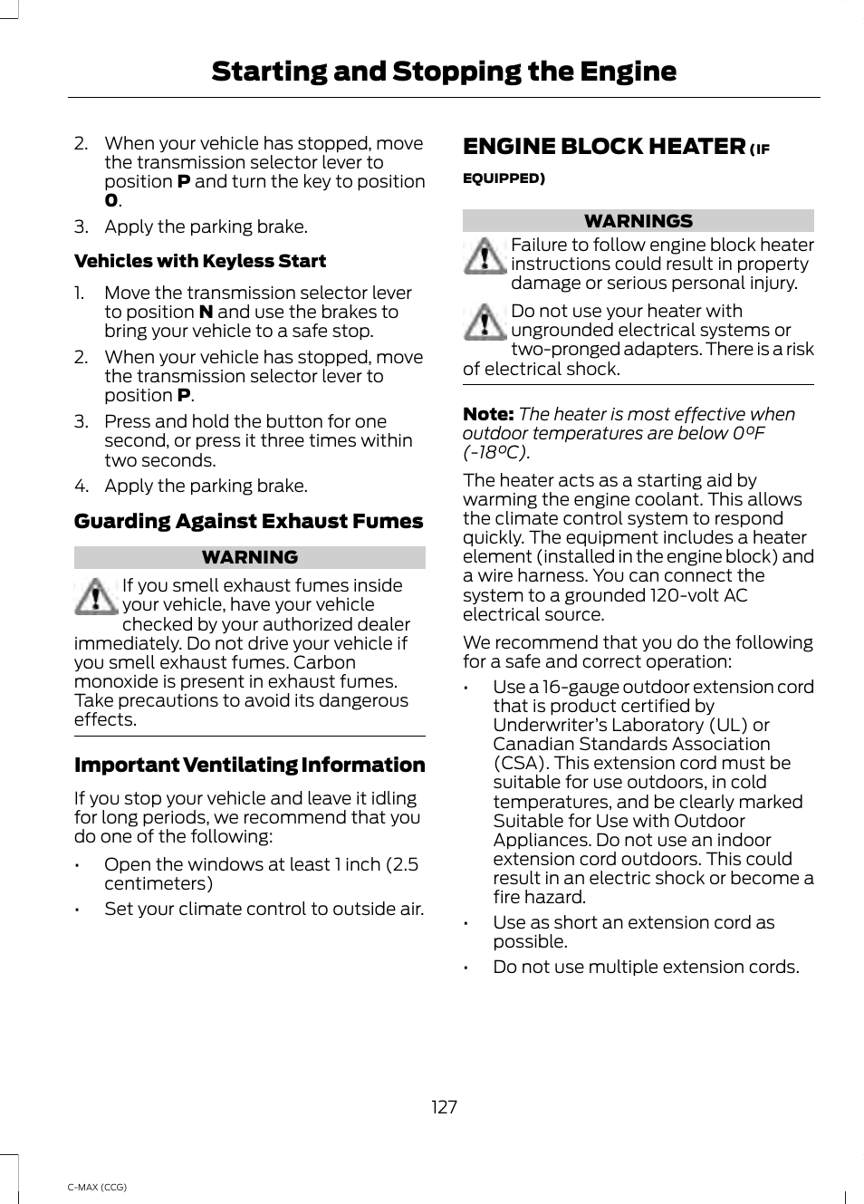 Engine block heater, Starting and stopping the engine | FORD 2014 C-MAX Hybrid User Manual | Page 129 / 447