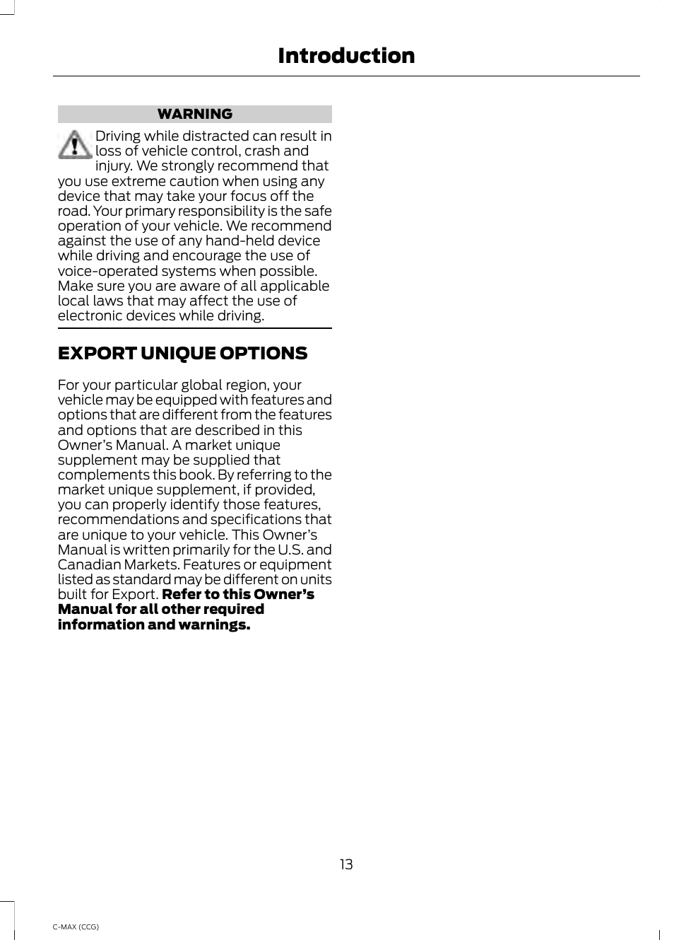 Export unique options, Introduction | FORD 2014 C-MAX Hybrid User Manual | Page 15 / 447