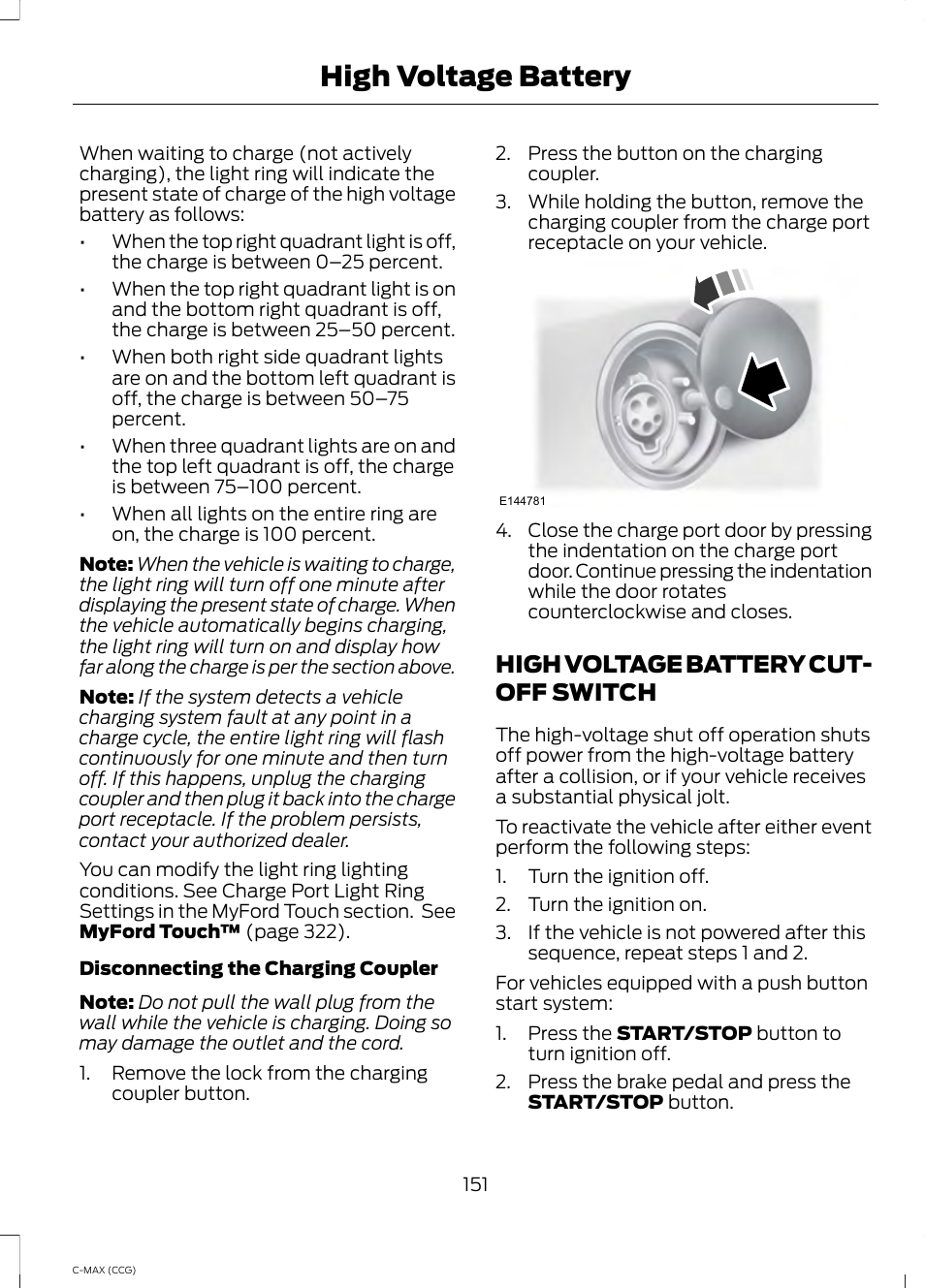 High voltage battery cut-off switch, High voltage battery cut-off, Switch | High voltage battery, High voltage battery cut- off switch | FORD 2014 C-MAX Hybrid User Manual | Page 153 / 447