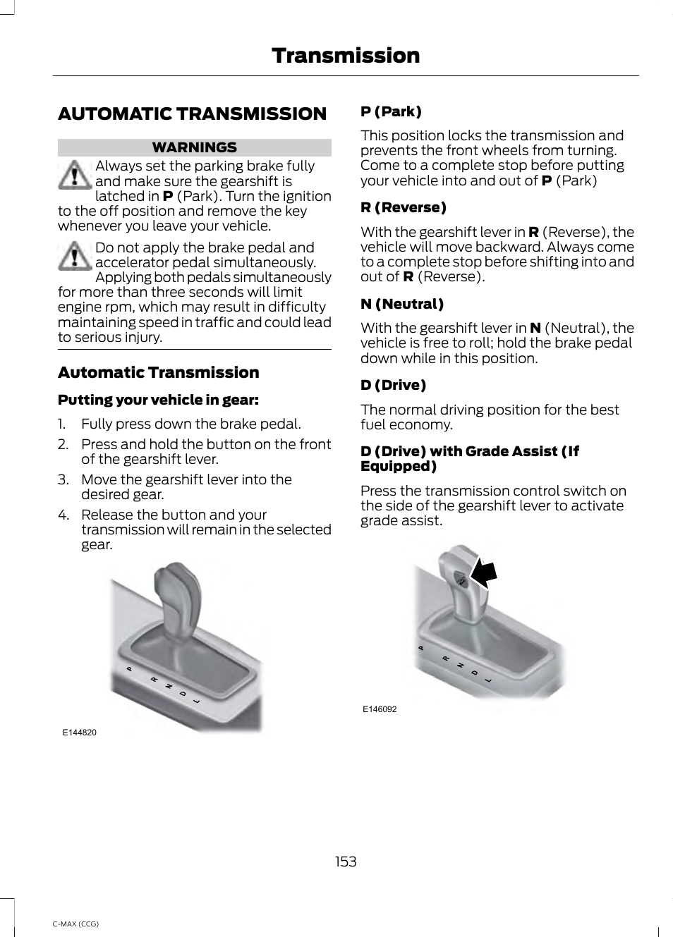 Transmission, Automatic transmission | FORD 2014 C-MAX Hybrid User Manual | Page 155 / 447
