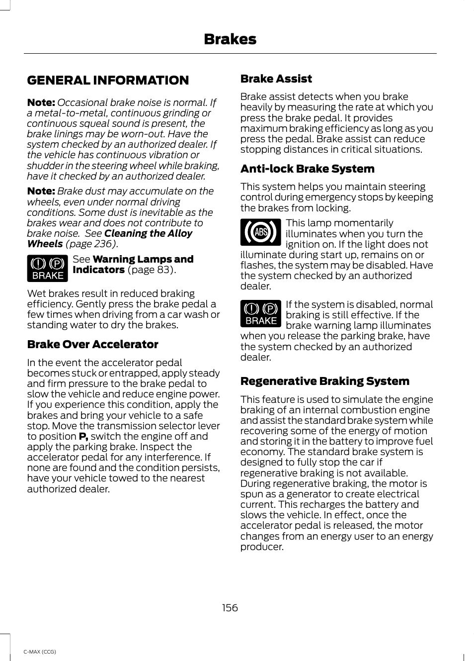 Brakes, General information | FORD 2014 C-MAX Hybrid User Manual | Page 158 / 447