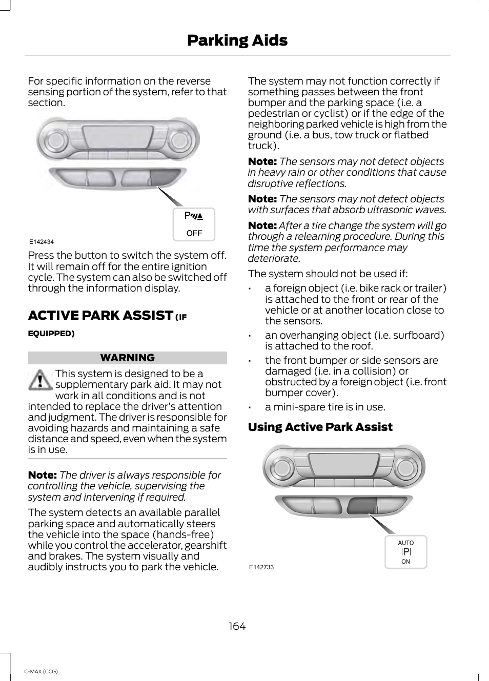 Active park assist, Parking aids | FORD 2014 C-MAX Hybrid User Manual | Page 166 / 447