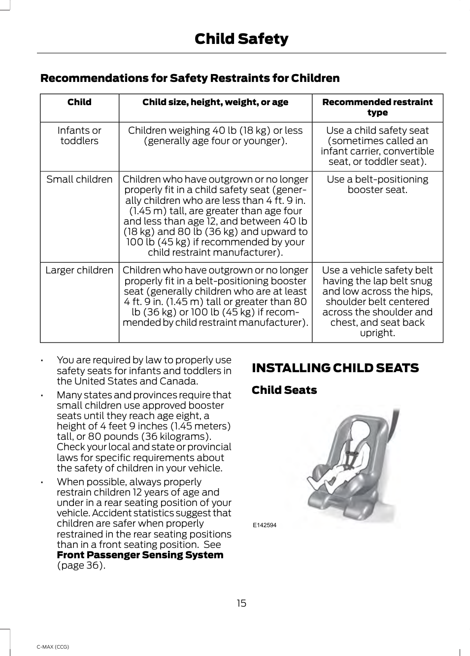 Installing child seats, Child safety | FORD 2014 C-MAX Hybrid User Manual | Page 17 / 447