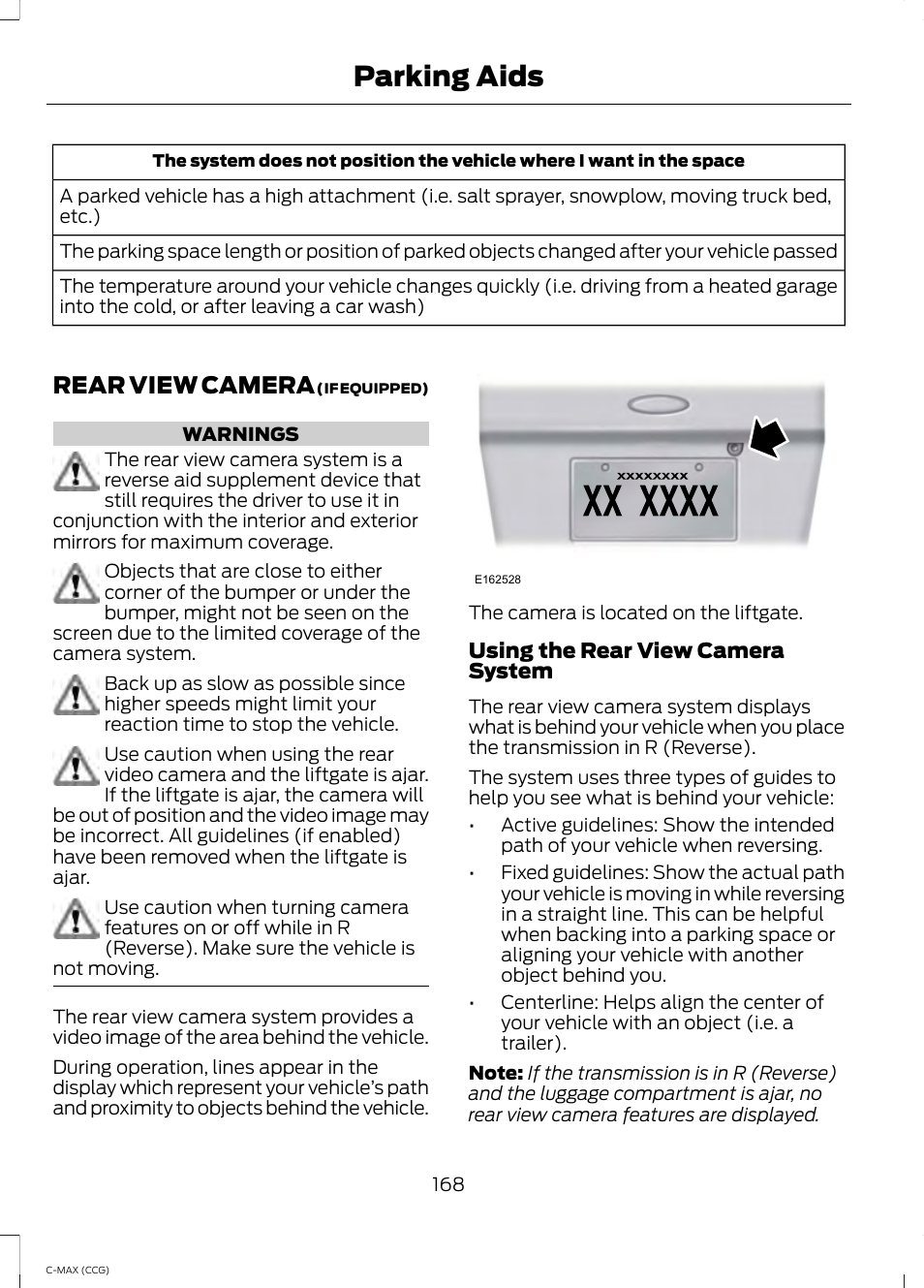 Rear view camera, Parking aids | FORD 2014 C-MAX Hybrid User Manual | Page 170 / 447
