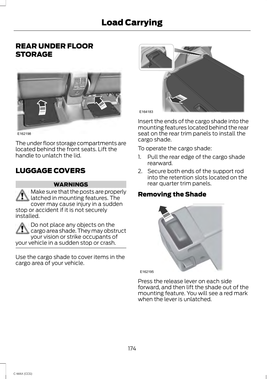 Load carrying, Rear under floor storage, Luggage covers | Rear under floor storage luggage covers | FORD 2014 C-MAX Hybrid User Manual | Page 176 / 447