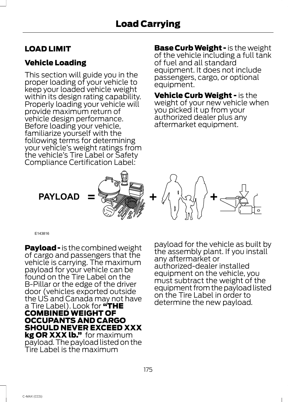 Load limit, Payload, Load carrying | FORD 2014 C-MAX Hybrid User Manual | Page 177 / 447