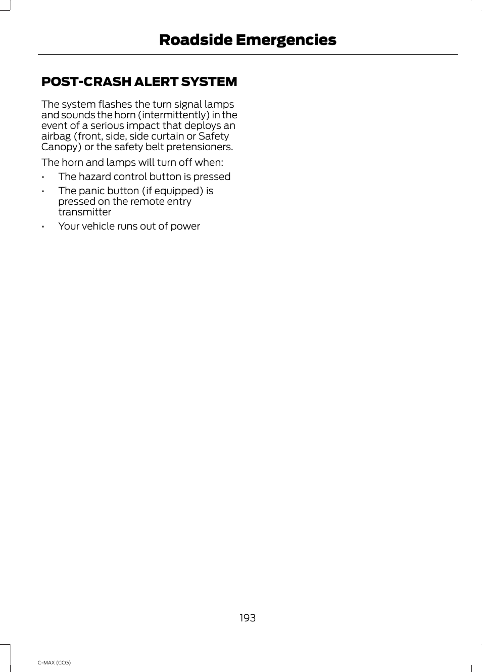 Post-crash alert system, Roadside emergencies | FORD 2014 C-MAX Hybrid User Manual | Page 195 / 447