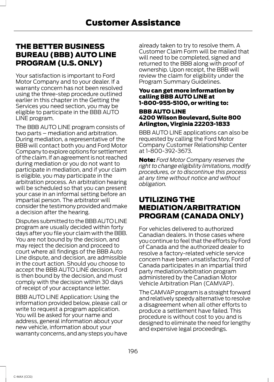 The better business bureau (bbb) auto, Line program (u.s. only), Utilizing the mediation/arbitration | Program (canada only), Customer assistance | FORD 2014 C-MAX Hybrid User Manual | Page 198 / 447