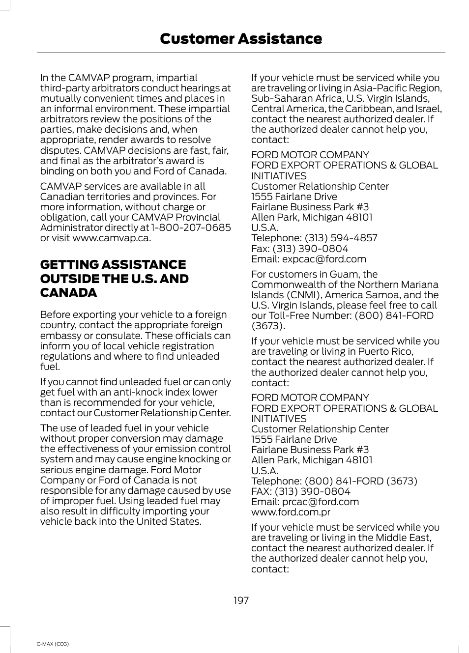 Getting assistance outside the u.s. and canada, Getting assistance outside the u.s. and, Canada | Customer assistance | FORD 2014 C-MAX Hybrid User Manual | Page 199 / 447