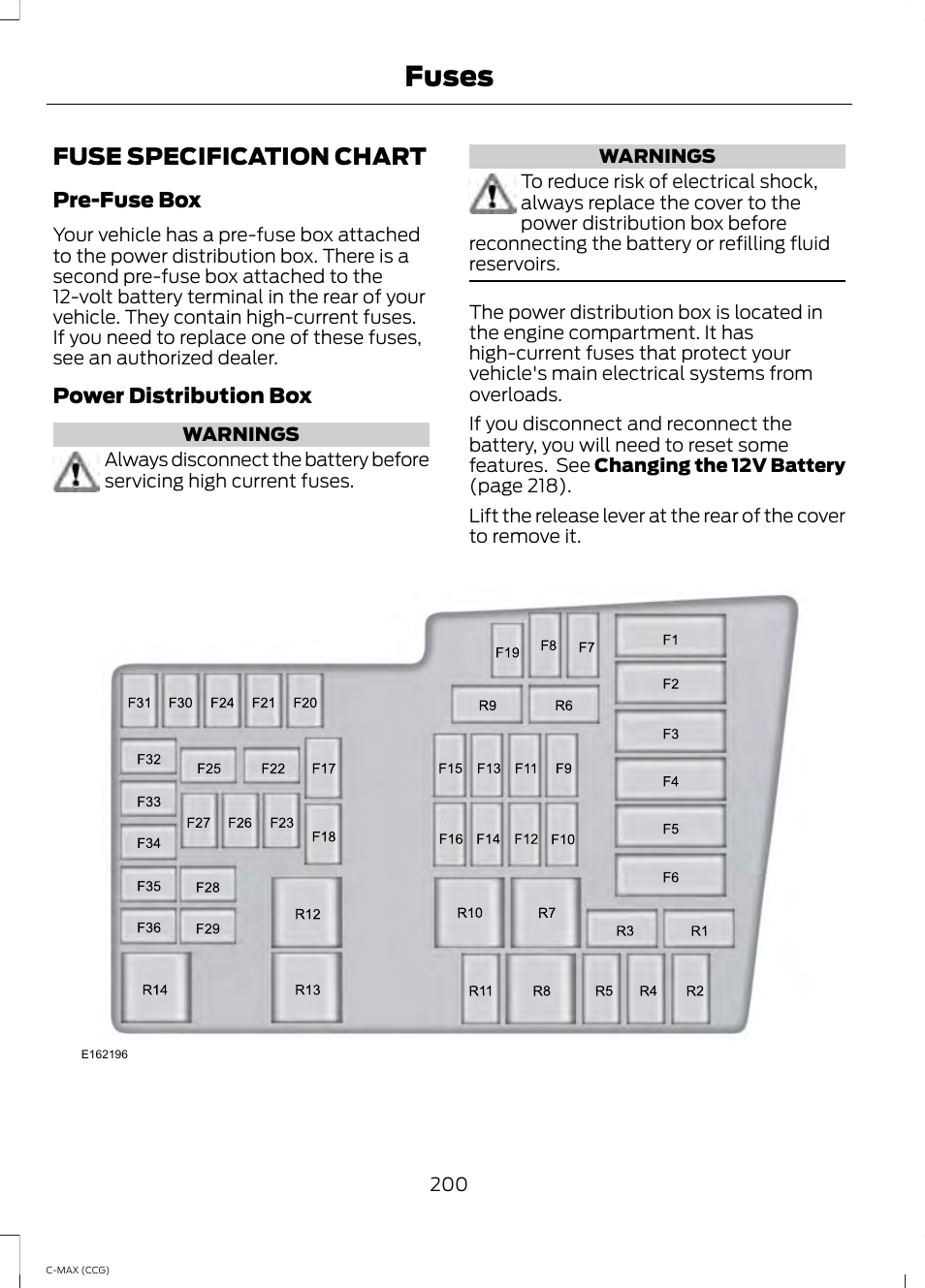 Fuses, Fuse specification chart | FORD 2014 C-MAX Hybrid User Manual | Page 202 / 447