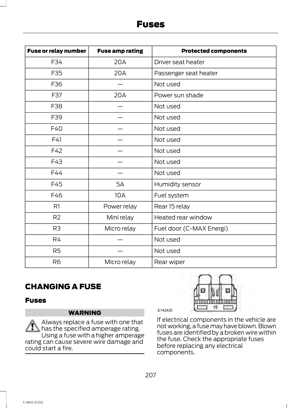 Changing a fuse, Fuses | FORD 2014 C-MAX Hybrid User Manual | Page 209 / 447